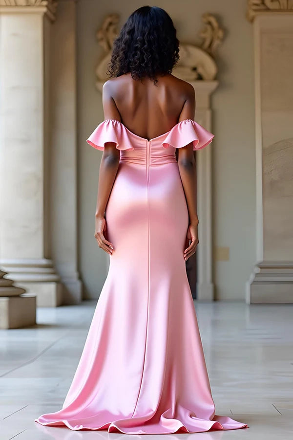 Elegant Off The Shoulder Pink Satin Long Prom Dress with Slit simple gentle atmospheric and unique desi Bring summer colors to enhance whiteness