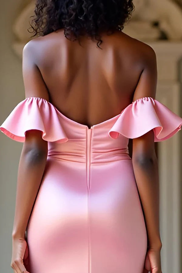 Elegant Off The Shoulder Pink Satin Long Prom Dress with Slit simple gentle atmospheric and unique desi Bring summer colors to enhance whiteness