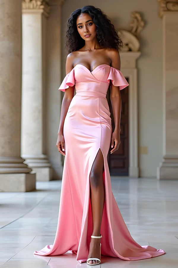 Elegant Off The Shoulder Pink Satin Long Prom Dress with Slit simple gentle atmospheric and unique desi Bring summer colors to enhance whiteness