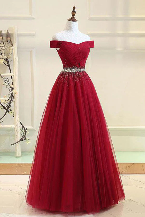 Elegant Off The Shoulder Tulle Long Prom Dress With Rhinestones simple gentle atmospheric and unique desi Bring summer colors to enhance whiteness