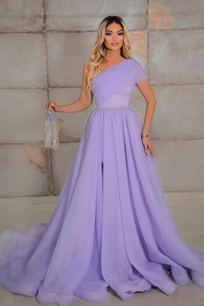 Elegant One-Shoulder Sleeveless A-Line 100D-Chiffon Evening Dress with Ribbon Detail Simple gentle atmospheric and unique design