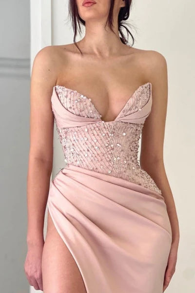 Elegant Peach V-neck Mermaid Evening Dresses Long Simple Prom Gowns With Slit Simple gentle atmospheric and unique design