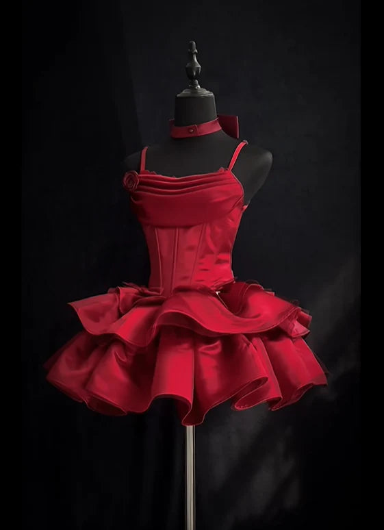 Elegant Red Spaghetti Straps Layered Short Birthday Party Dress 8th Grade Homecoming Dress simple gentle atmospheric and unique desi Bring summer colors to enhance whiteness