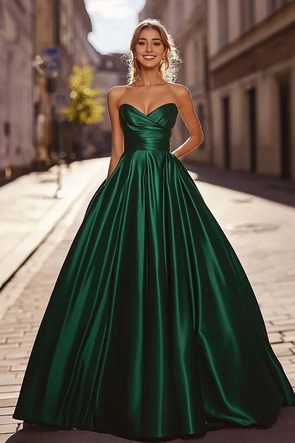 Elegant Ruched Dark Green A Line Satin Long Prom Dress simple gentle atmospheric and unique desi Bring summer colors to enhance whiteness