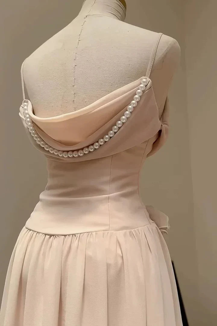 Elegant Ruffle Spaghetti Strap Pearl Beading A-Line Sleeveless Long Chiffon Evening Gown  simple gentle atmospheric and unique desi Bring summer colors to enhance whiteness