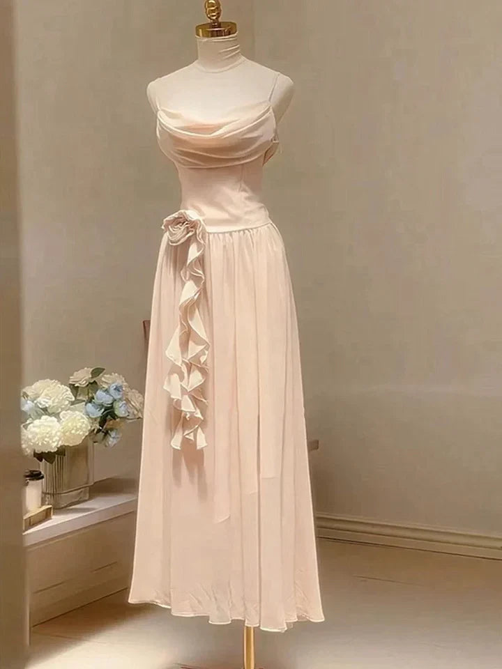 Elegant Ruffle Spaghetti Strap Pearl Beading A-Line Sleeveless Long Chiffon Evening Gown  simple gentle atmospheric and unique desi Bring summer colors to enhance whiteness