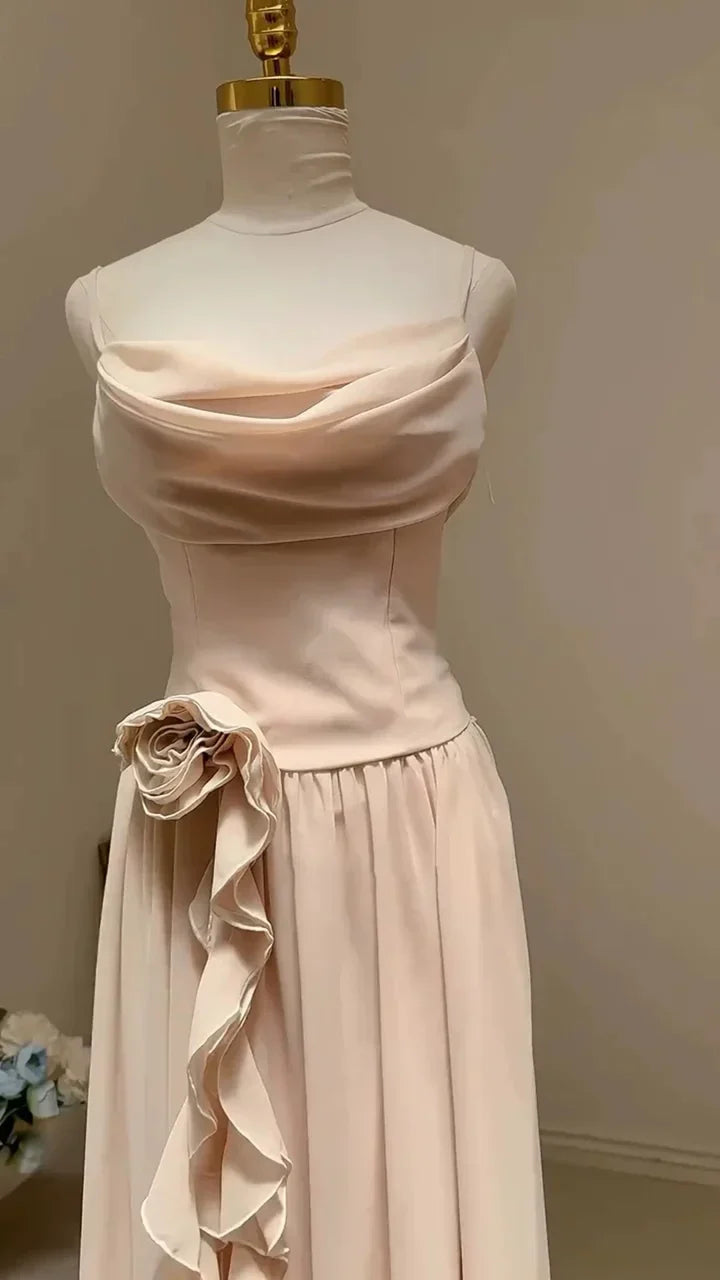 Elegant Ruffle Spaghetti Strap Pearl Beading A-Line Sleeveless Long Chiffon Evening Gown  simple gentle atmospheric and unique desi Bring summer colors to enhance whiteness