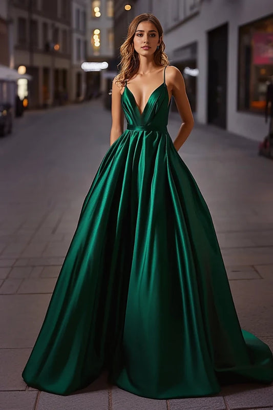 Elegant Satin Dark Green A Line Spaghetti Straps Long Prom Dress simple gentle atmospheric and unique desi Bring summer colors to enhance whiteness