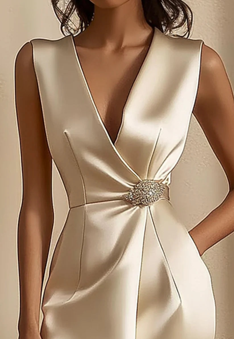 Elegant Satin Sleeveless Mini Dress V-Neckline Ivory Dress simple gentle atmospheric and unique desi Bring summer colors to enhance whiteness