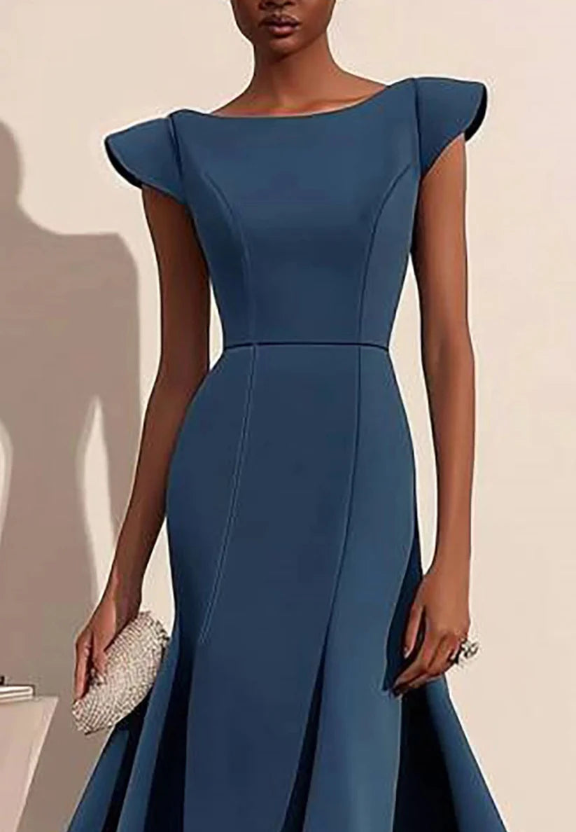 Elegant Semi-Formal Dress Dark Blue Boat Neck Sleeveless Midi Gown simple gentle atmospheric and unique desi Bring summer colors to enhance whiteness