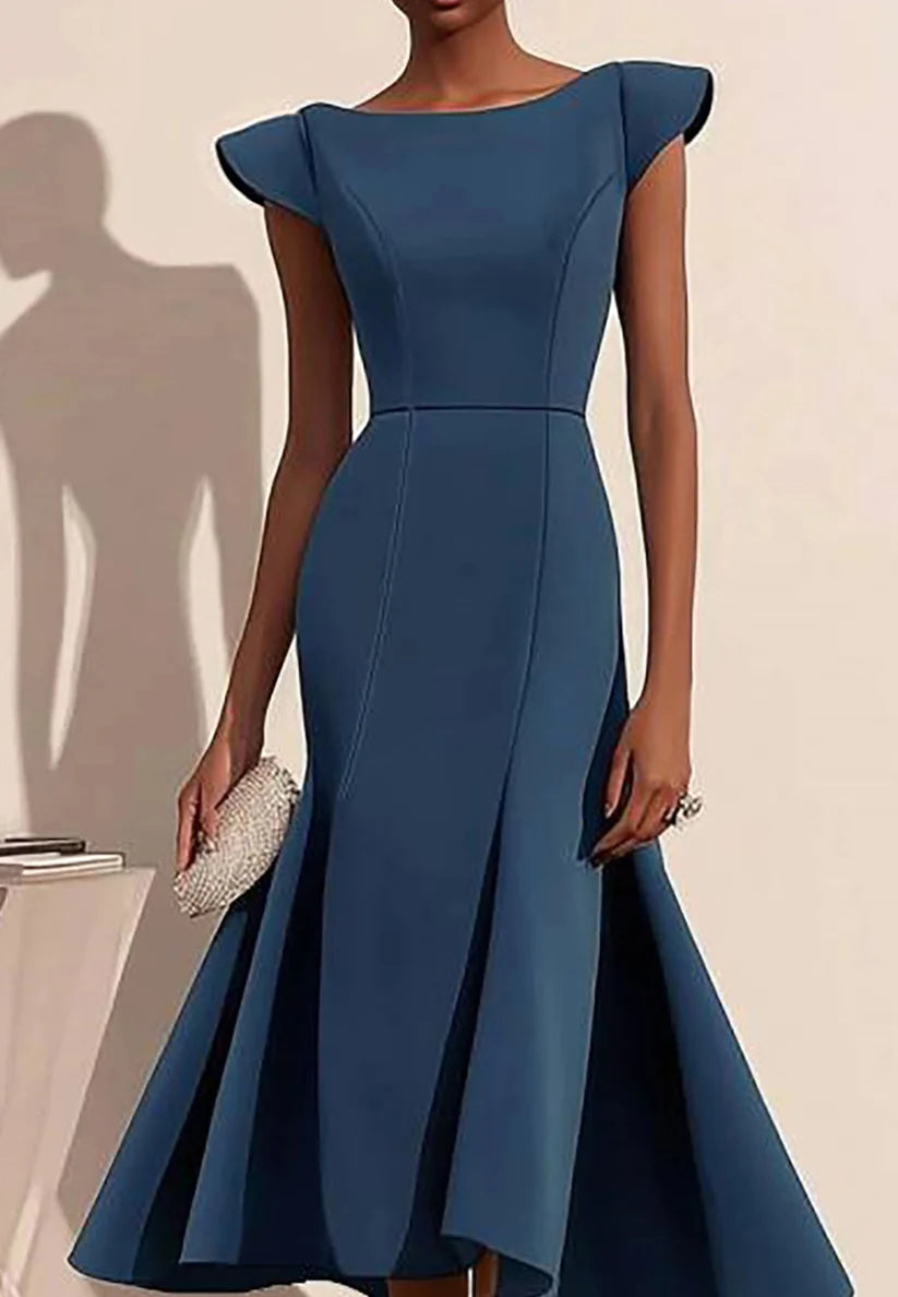 Elegant Semi-Formal Dress Dark Blue Boat Neck Sleeveless Midi Gown simple gentle atmospheric and unique desi Bring summer colors to enhance whiteness