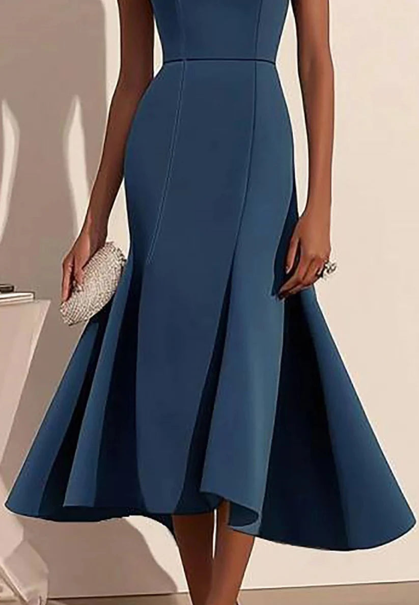 Elegant Semi-Formal Dress Dark Blue Boat Neck Sleeveless Midi Gown simple gentle atmospheric and unique desi Bring summer colors to enhance whiteness