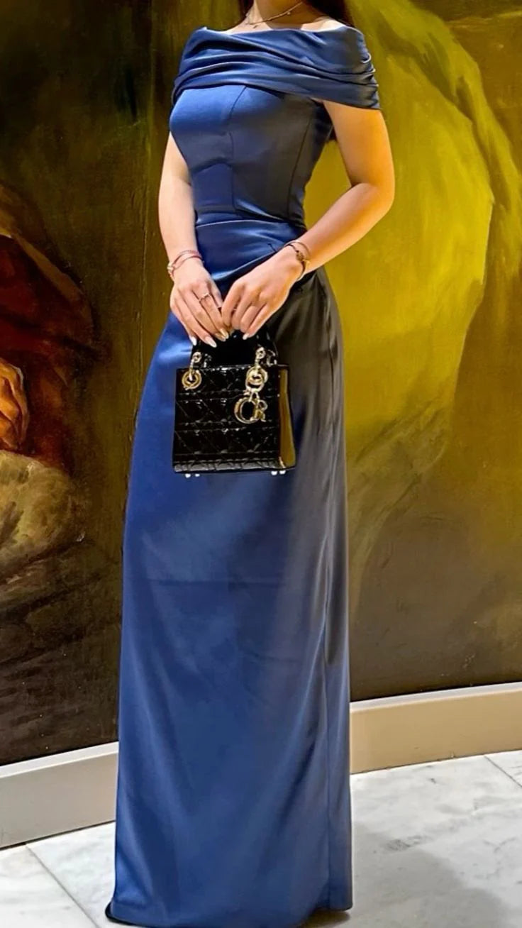 Elegant Sheath Off The Shoulder Navy Blue Satin Prom Dresses Formal Summer Wedding Guest Dresses Wedding Guest Outfits  simple gentle atmospheric and unique desi Bring summer colors to enhance whiteness