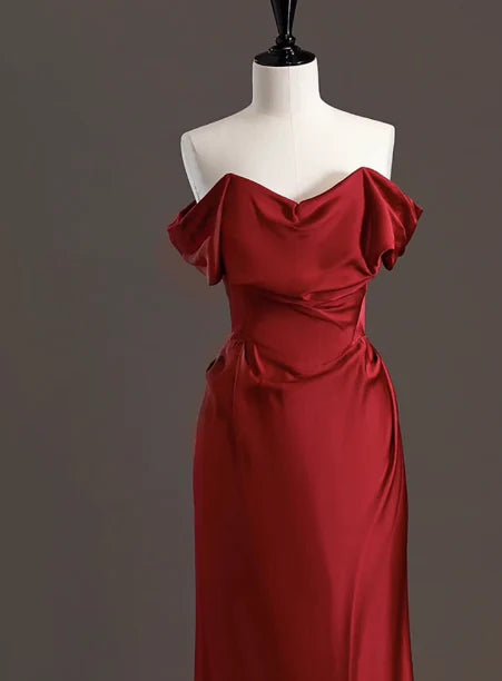Elegant Sheath Off The Shoulder Red Satin Prom Dresses Formal Summer Wedding Guest Dresses Wedding Guest Outfits simple gentle atmospheric and unique desi Bring summer colors to enhance whiteness