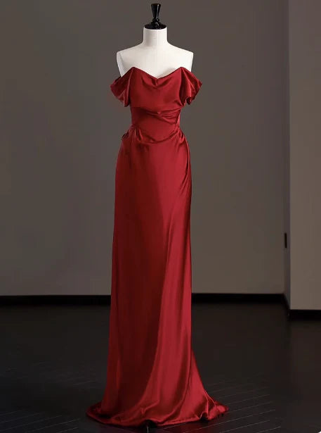 Elegant Sheath Off The Shoulder Red Satin Prom Dresses Formal Summer Wedding Guest Dresses Wedding Guest Outfits simple gentle atmospheric and unique desi Bring summer colors to enhance whiteness