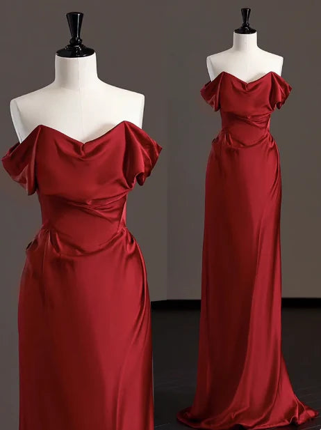 Elegant Sheath Off The Shoulder Red Satin Prom Dresses Formal Summer Wedding Guest Dresses Wedding Guest Outfits simple gentle atmospheric and unique desi Bring summer colors to enhance whiteness