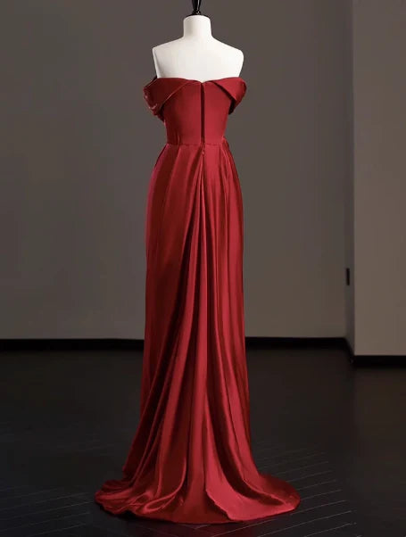 Elegant Sheath Off The Shoulder Red Satin Prom Dresses Formal Summer Wedding Guest Dresses Wedding Guest Outfits simple gentle atmospheric and unique desi Bring summer colors to enhance whiteness