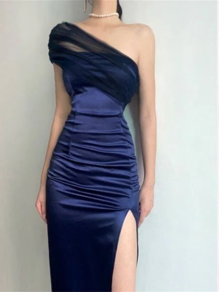 Elegant Sheath One Shoulder Navy Blue Slit Satin Prom Dresses Formal Summer Wedding Guest Dresses Wedding Guest Outfits simple gentle atmospheric and unique desi Bring summer colors to enhance whiteness