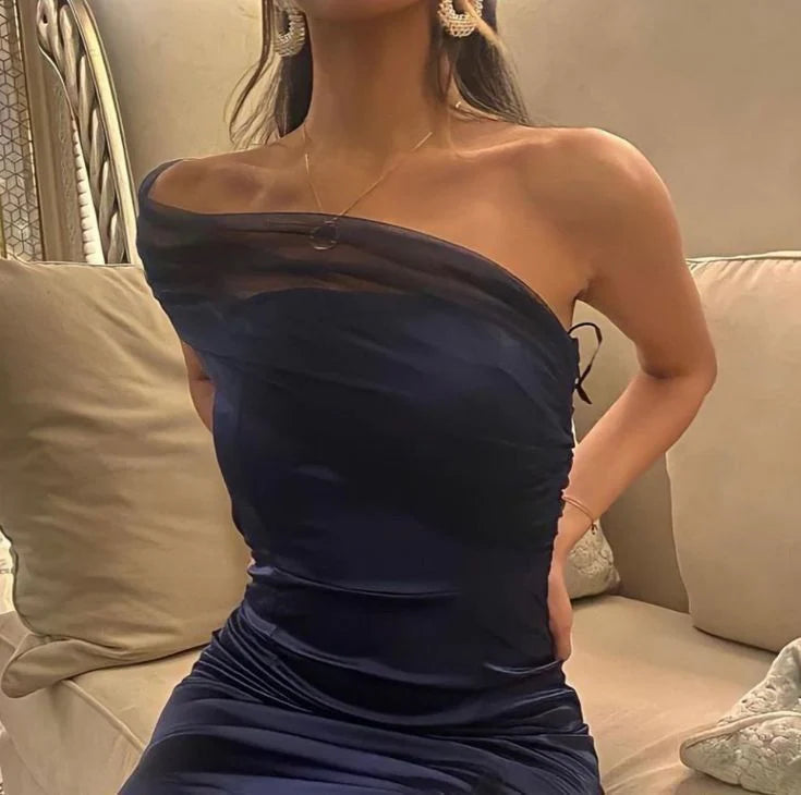 Elegant Sheath One Shoulder Navy Blue Slit Satin Prom Dresses Formal Summer Wedding Guest Dresses Wedding Guest Outfits simple gentle atmospheric and unique desi Bring summer colors to enhance whiteness