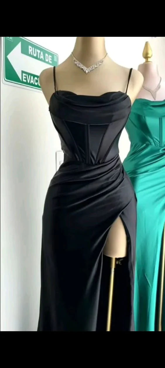 Elegant Sheath Spaghetti Straps Black Slit Long Prom Dresses Evening Dress gowns evening dresses