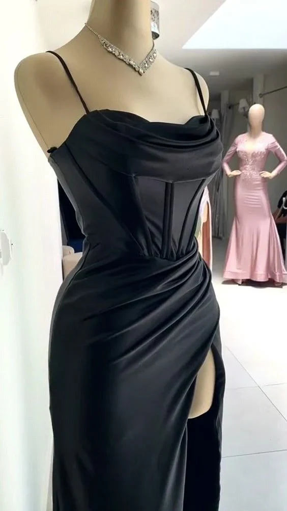 Elegant Sheath Spaghetti Straps Black Slit Long Prom Dresses Evening Dress gowns evening dresses