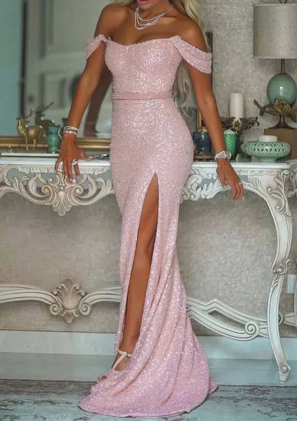 Elegant Shimmer Sequined Trumpet Mermaid Off-the-Shoulder Prom Dress Evening Dress with Split Sashes and Sweep Train Simple gentle atmospheric and unique design