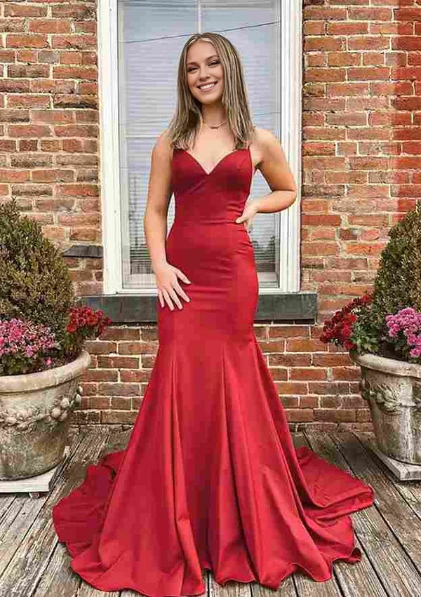 Elegant Trumpet/Mermaid V-Neck Satin Prom Dress/Evening Dress with Spaghetti Straps and Sweep TrainSimple gentle atmospheric and unique design