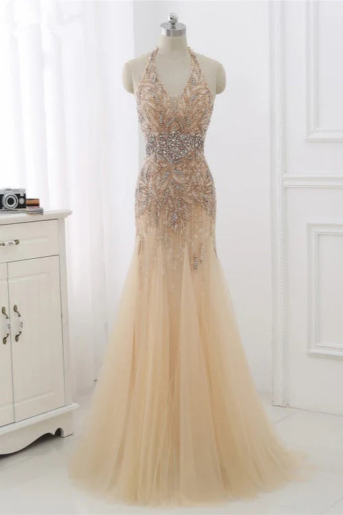 Elegant Tulle Halter Rhinestones Mermaid Prom Dresses Sleeveless Appliques Simple gentle atmospheric and unique design