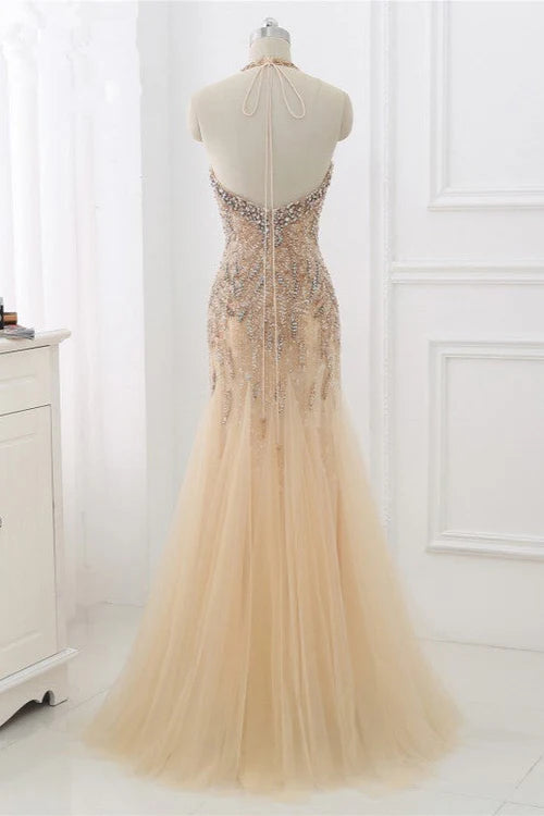 Elegant Tulle Halter Rhinestones Mermaid Prom Dresses Sleeveless Appliques Simple gentle atmospheric and unique design