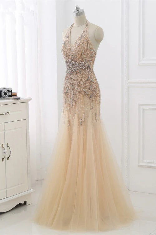 Elegant Tulle Halter Rhinestones Mermaid Prom Dresses Sleeveless Appliques Simple gentle atmospheric and unique design