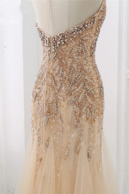 Elegant Tulle Halter Rhinestones Mermaid Prom Dresses Sleeveless Appliques Simple gentle atmospheric and unique design