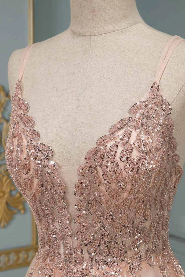 Elegant Tulle Spaghetti Strap V-Neck Pink Prom Dress with Beading Appliques