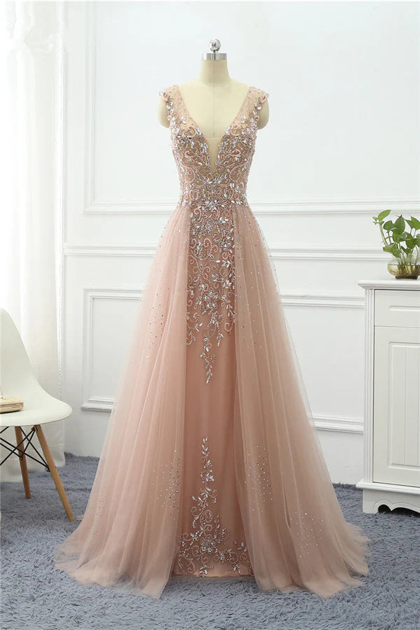 Elegant Tulle V-Neck Ruffle Beadings Prom Dresses with Appliques Simple gentle atmospheric and unique design