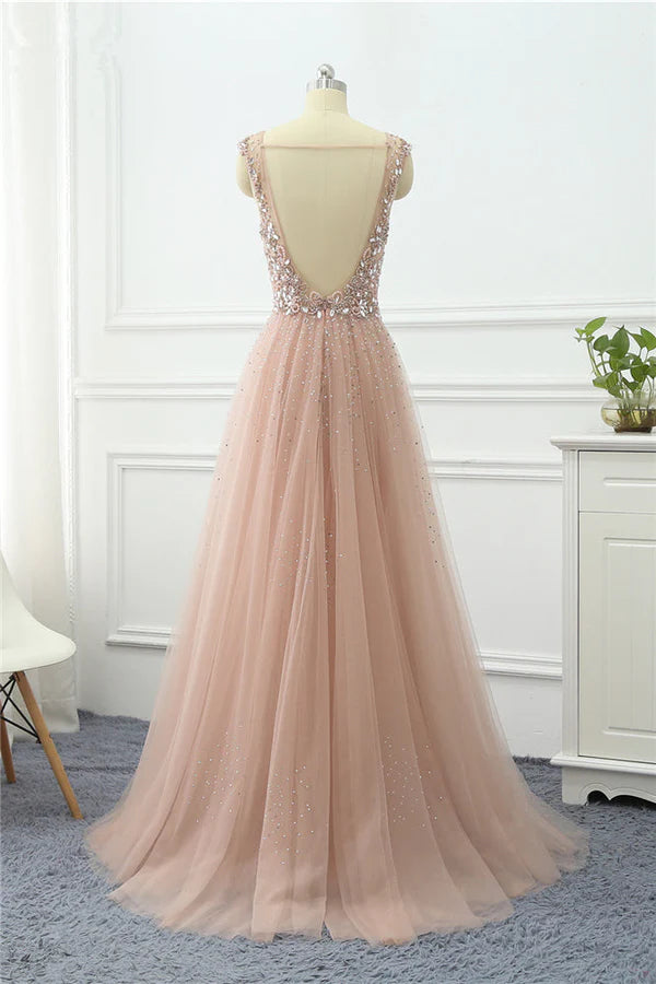 Elegant Tulle V-Neck Ruffle Beadings Prom Dresses with Appliques Simple gentle atmospheric and unique design