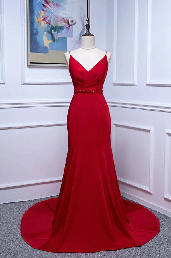 Elegant V-Neck Burgundy Prom Dresses Spaghetti Straps with Beadings Sash Simple gentle atmospheric and unique design