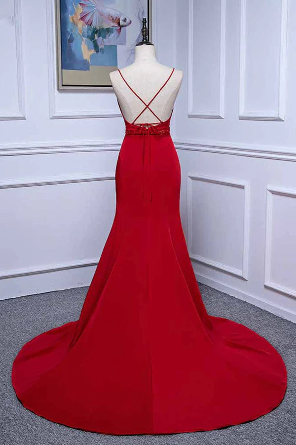Elegant V-Neck Burgundy Prom Dresses Spaghetti Straps with Beadings Sash Simple gentle atmospheric and unique design