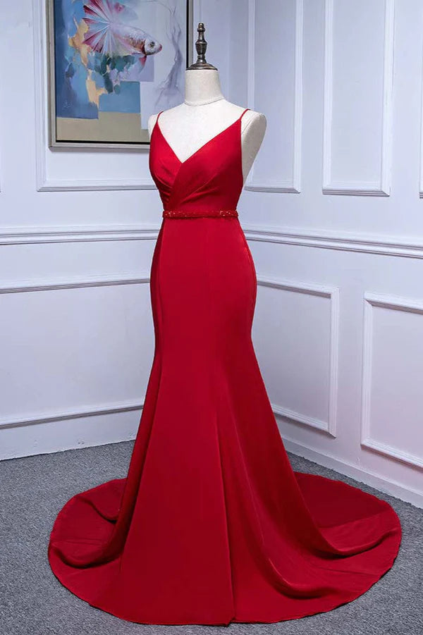 Elegant V-Neck Burgundy Prom Dresses Spaghetti Straps with Beadings Sash Simple gentle atmospheric and unique design