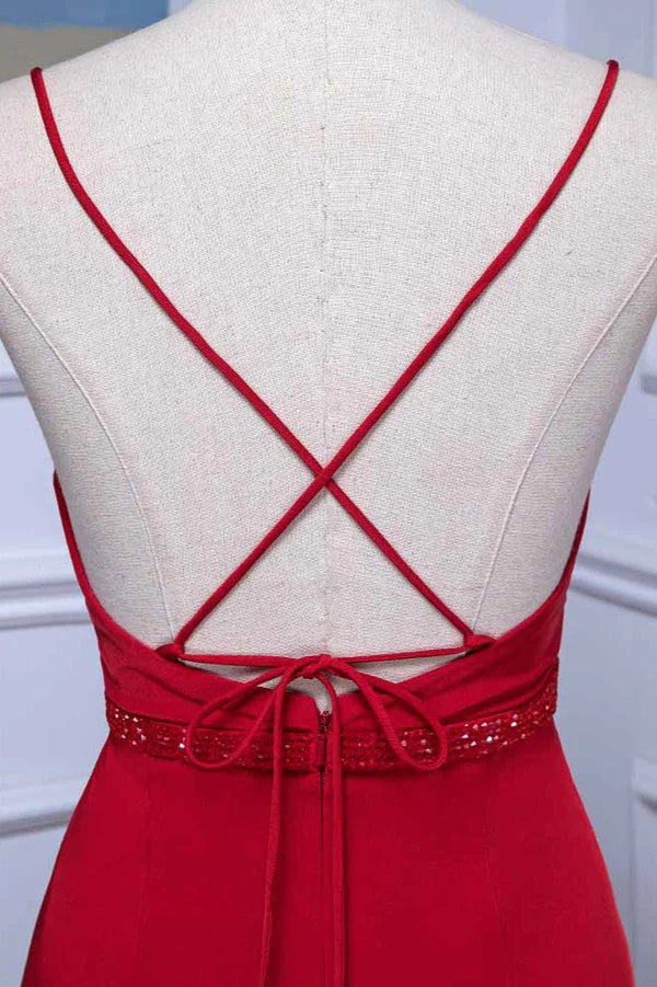 Elegant V-Neck Burgundy Prom Dresses Spaghetti Straps with Beadings Sash Simple gentle atmospheric and unique design