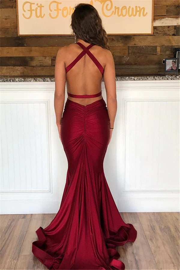 Elegant V-Neck Mermaid Burgundy Prom Dress Simple gentle atmospheric and unique design