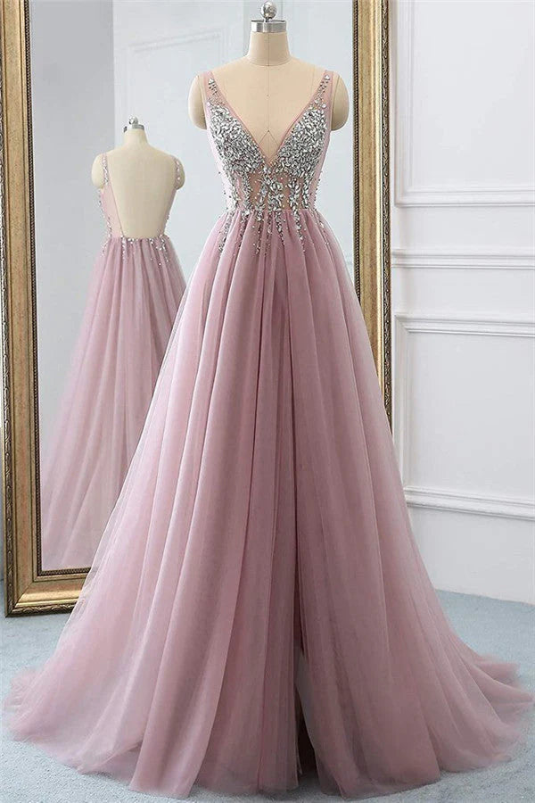 Elegant V-Neck Sleeve Prom Dress Long Tulle With Crystal Simple gentle atmospheric and unique design