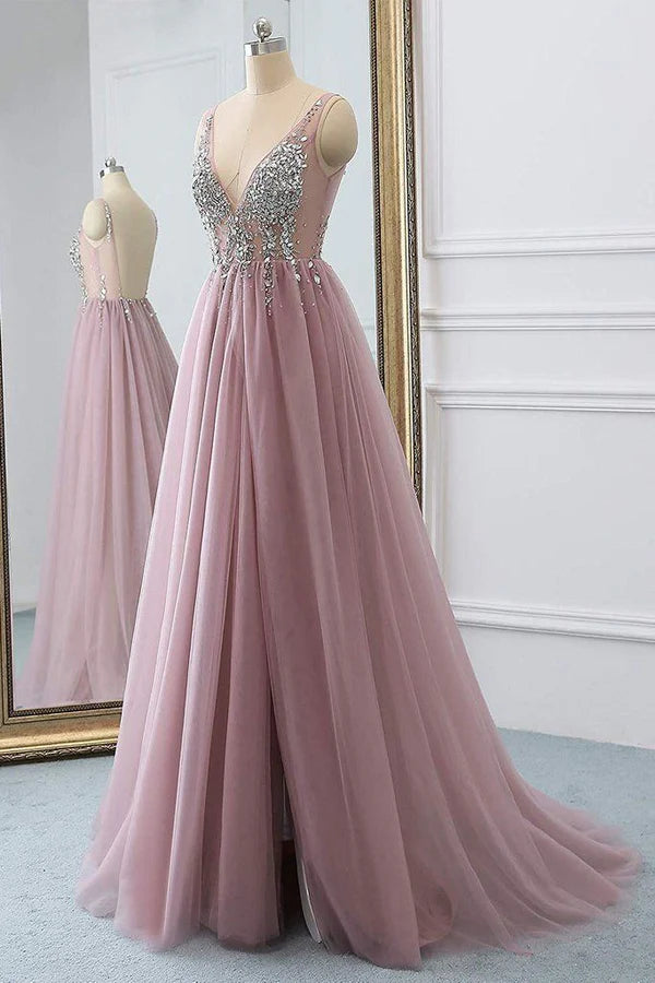 Elegant V-Neck Sleeve Prom Dress Long Tulle With Crystal Simple gentle atmospheric and unique design
