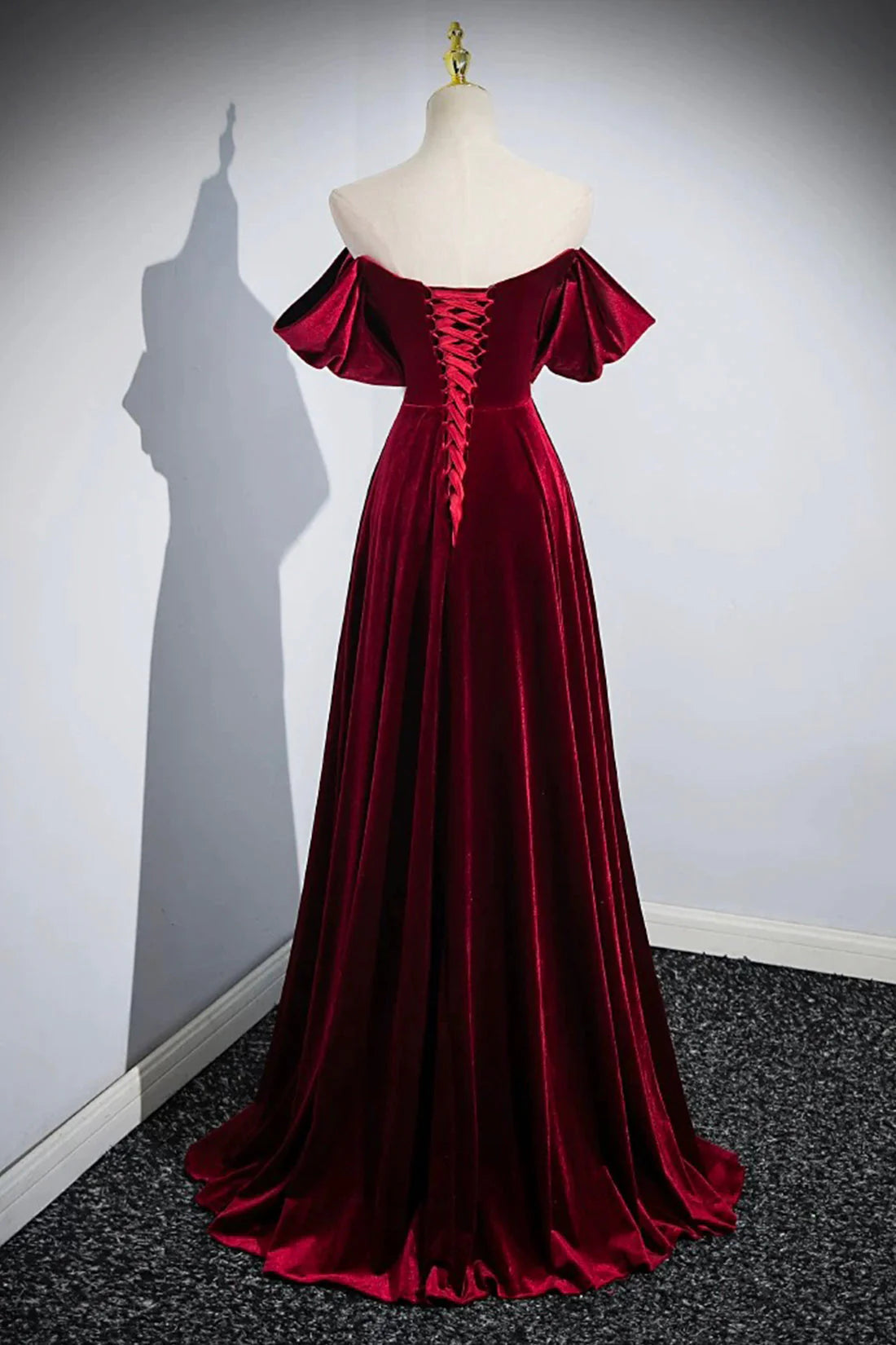 Elegant Velvet Floor Length Prom Dress Burgundy Off the Shoulder Party Dress simple gentle atmospheric and unique desi Bring summer