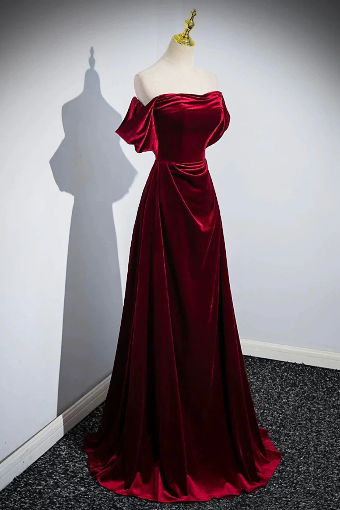 Elegant Velvet Floor Length Prom Dress Burgundy Off the Shoulder Party Dress simple gentle atmospheric and unique desi Bring summer