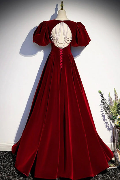 Elegant Velvet Floor Length Prom Dress Burgundy Open Back Short Sleeve Evening Dress simple gentle atmospheric and unique desi Bring summer colors to enhance white