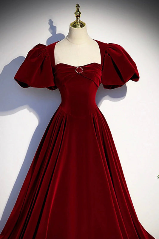 Elegant Velvet Floor Length Prom Dress Burgundy Open Back Short Sleeve Evening Dress simple gentle atmospheric and unique desi Bring summer colors to enhance white
