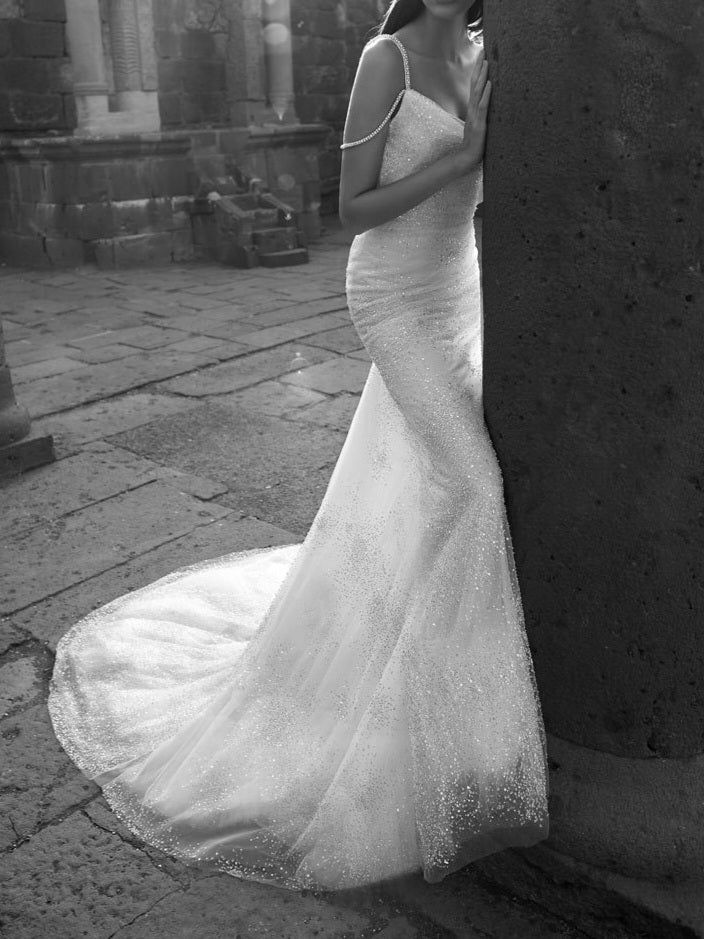 Elegant White Mermaid Spaghetti Straps Sequin Tulle Open Back Long Party Dress Date Dress simple gentle atmospheric and unique desi Bring summer colors to enhance whiteness