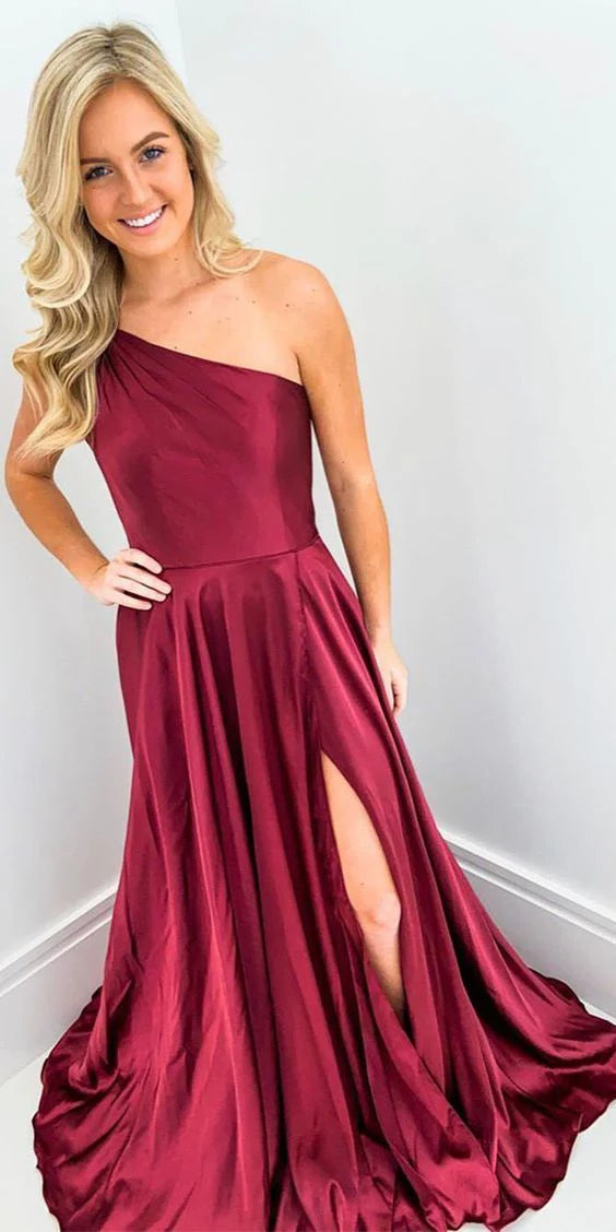 Elegant Wine Red One Shoulder Long Prom/Formal Dress with Split simple gentle atmospheric and unique desi Bring summer colors to enhance whiteness