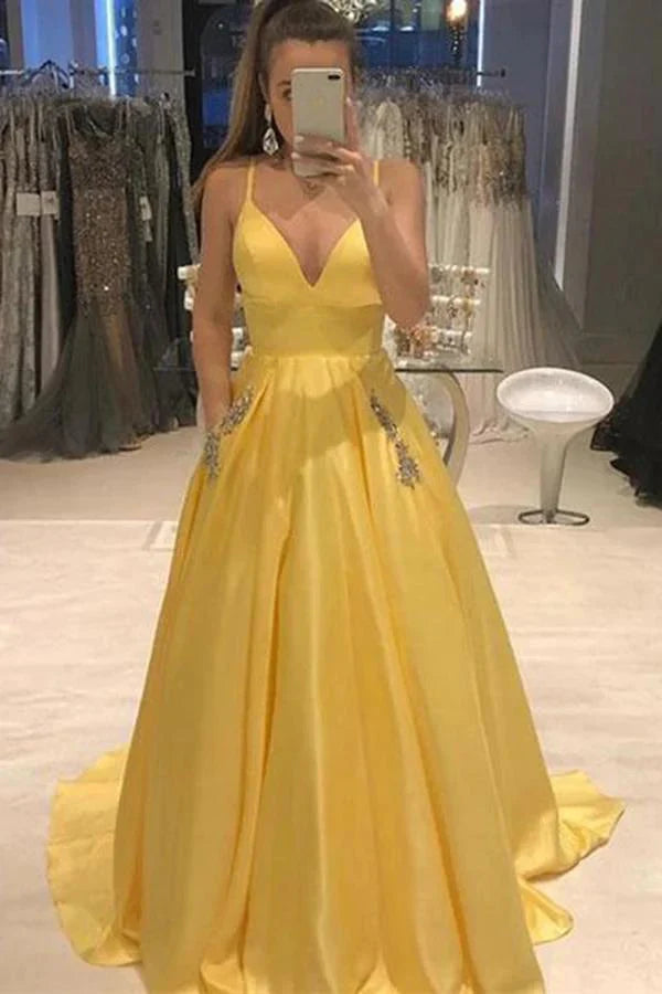 Elegant Yellow Spaghetti Straps A Line Satin V Neck Prom Dresses With Beads Pockets simple gentle atmospheric and unique desi Bring summer colors to enhance whiteness