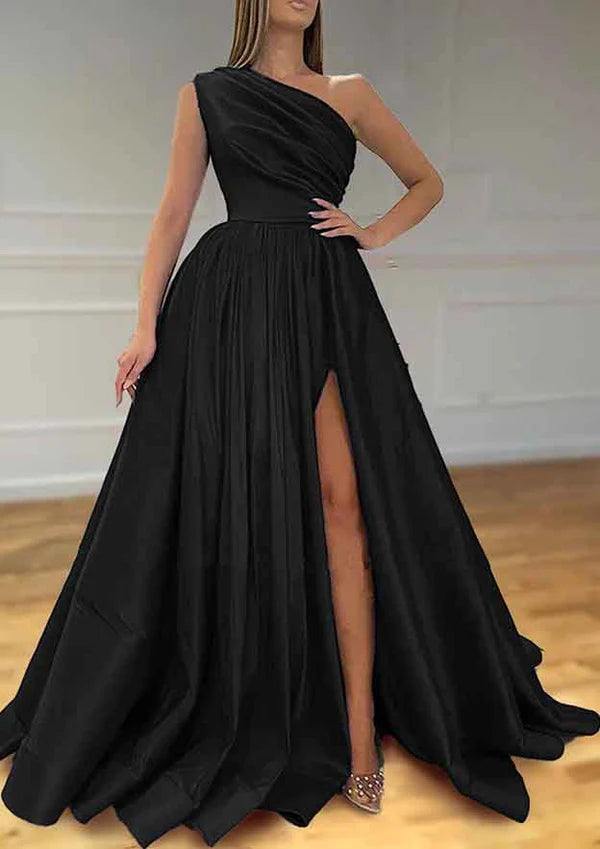 Elevate Your Look with A-Line One-Shoulder Satin Prom Dress/Evening Dress With Pleated Split Simple gentle atmospheric and unique design