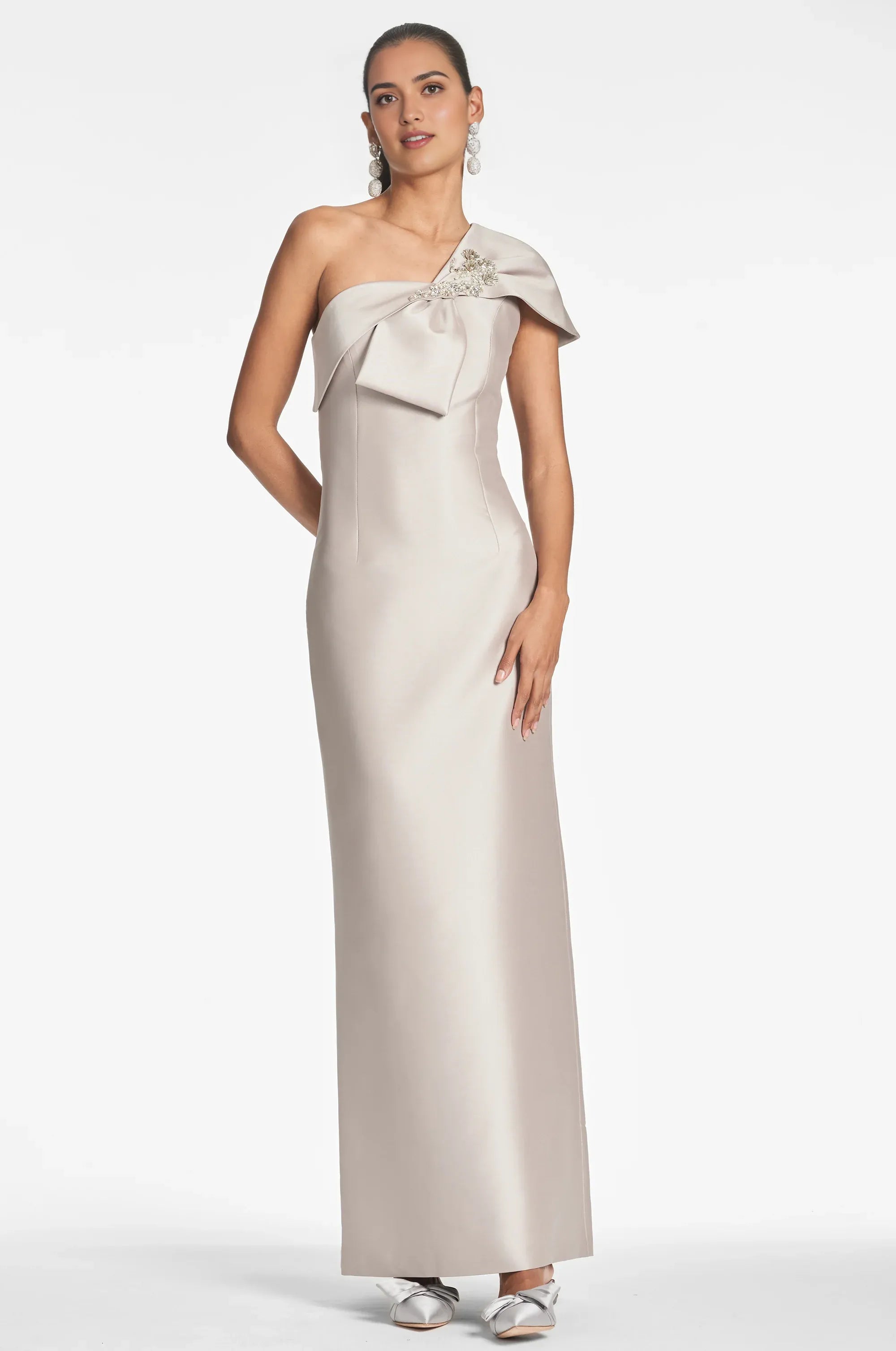 Embellished Bow Sheath One Shoulder Sleeveless Zipper Back High Slit Floor Length For Adults Evening Dress
